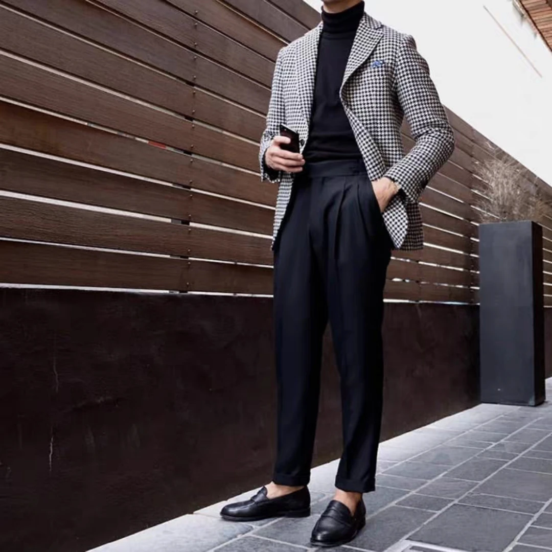 

Мужской повседневный пиджак в гусиную лапку с двумя пуговицами, с вырезами на лацканах, шерстяной блейзер для вечеринок, выпускных, деловых мероприятий, смокинг, цельный пиджак