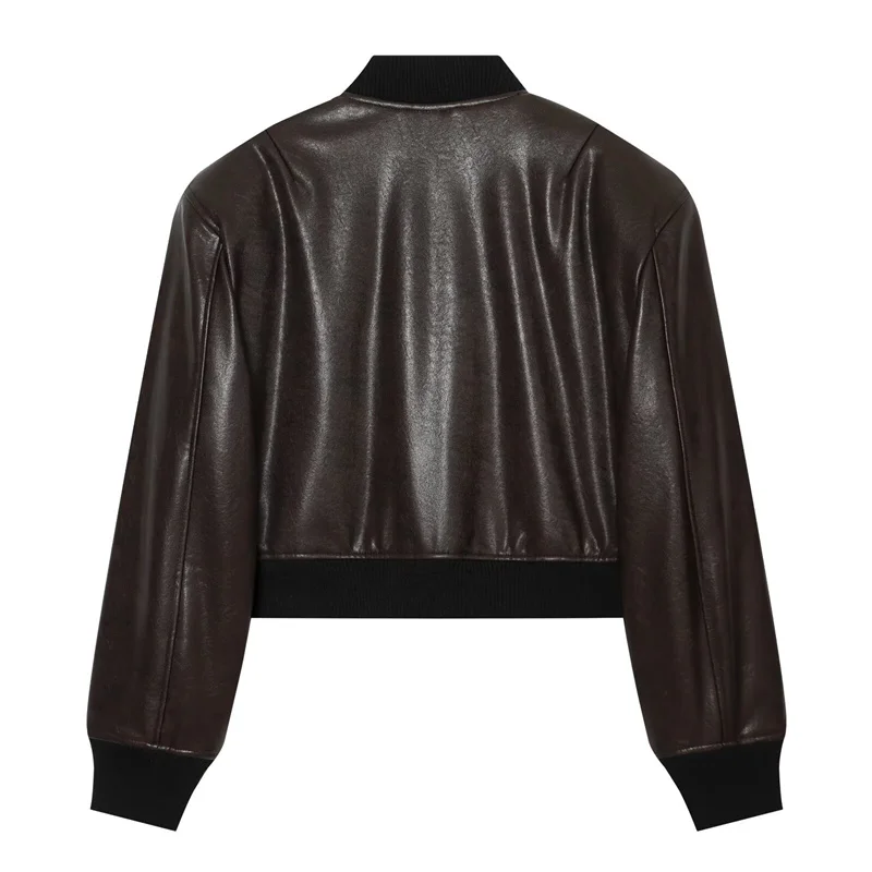 Guobioziy Women's 2026 Fall Double-Layer Collar Gathered Waist Mid-Length Double-Breasted Stand Collar Leather Jacket