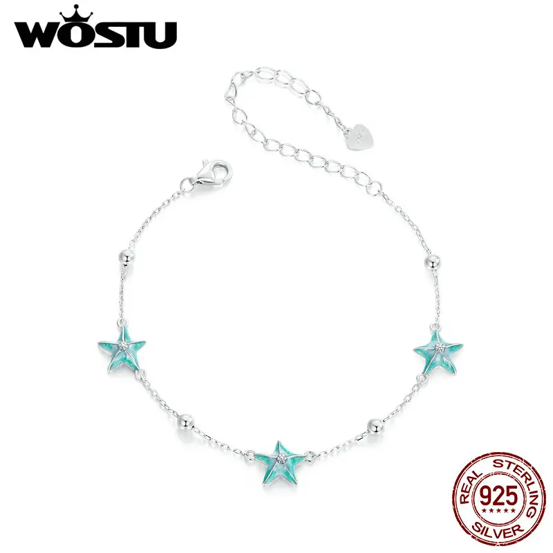 WOSTU 925 Sterling Silver Blue Green Starfish Chain Bracelet For Women Dreamy Ocean Jewelry Bead Bracelets Party Birthday gift