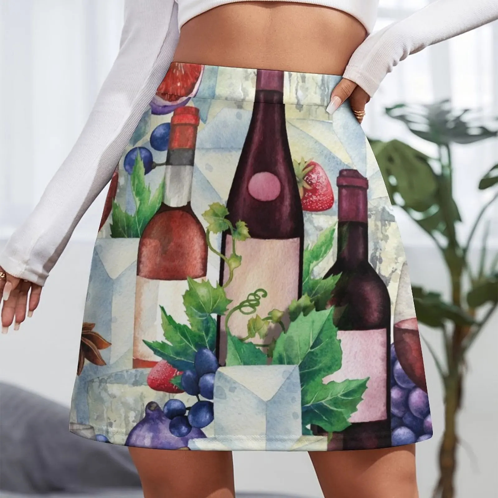 Watercolor wine glasses and bottles decorated with delicious food Mini Skirt modest skirts for women