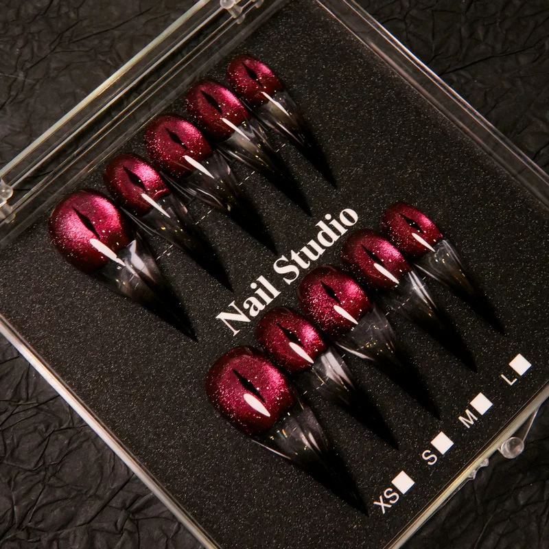 Handmade Burgundy Cat Eye Stiletto Press On Nails Black Gradient Fake Nail Tips Reusable Long Pointed False Nails For Nail Art S