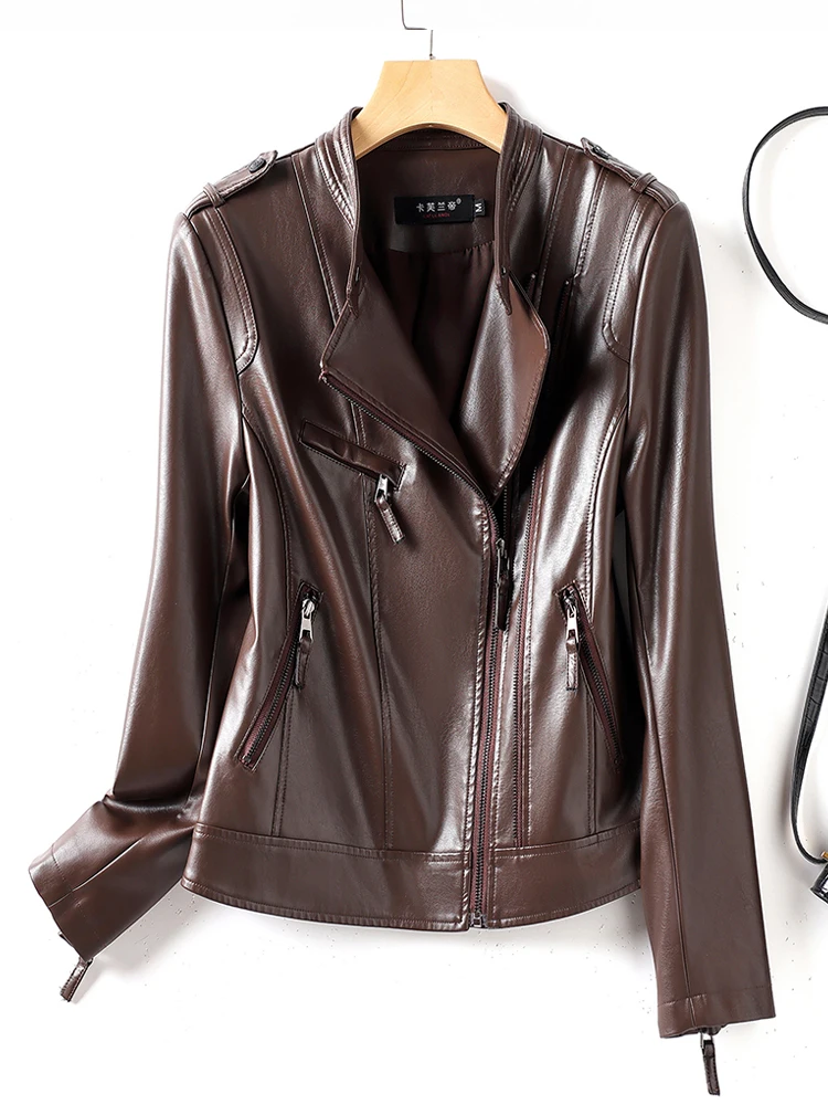 جاكيت نسائي من جلد الغنم الأصلي، بقصة ضيقة، بتصميم راكب الدراجات النارية الكوري العتيق، ملابس خارجية صغيرة بسحاب، مناسب للتنقل اليومي.