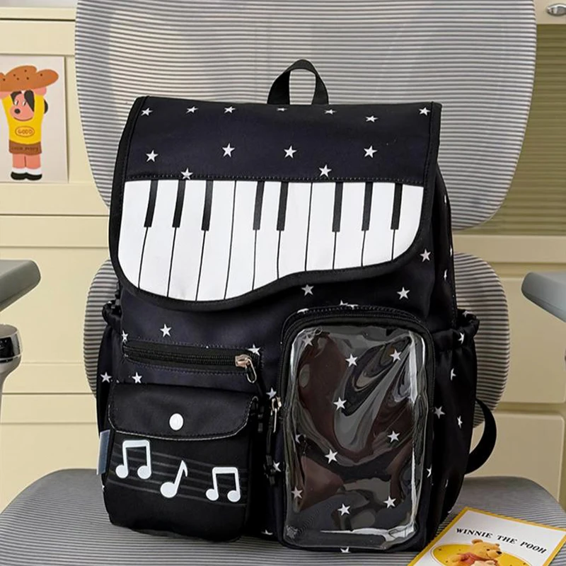 Cute Piano Key Musical Note Pattern Ita Bag, New Sweet Preppy Style Large Capacity Backpack Y2k Angel Wing Decor Flap Anime Bag