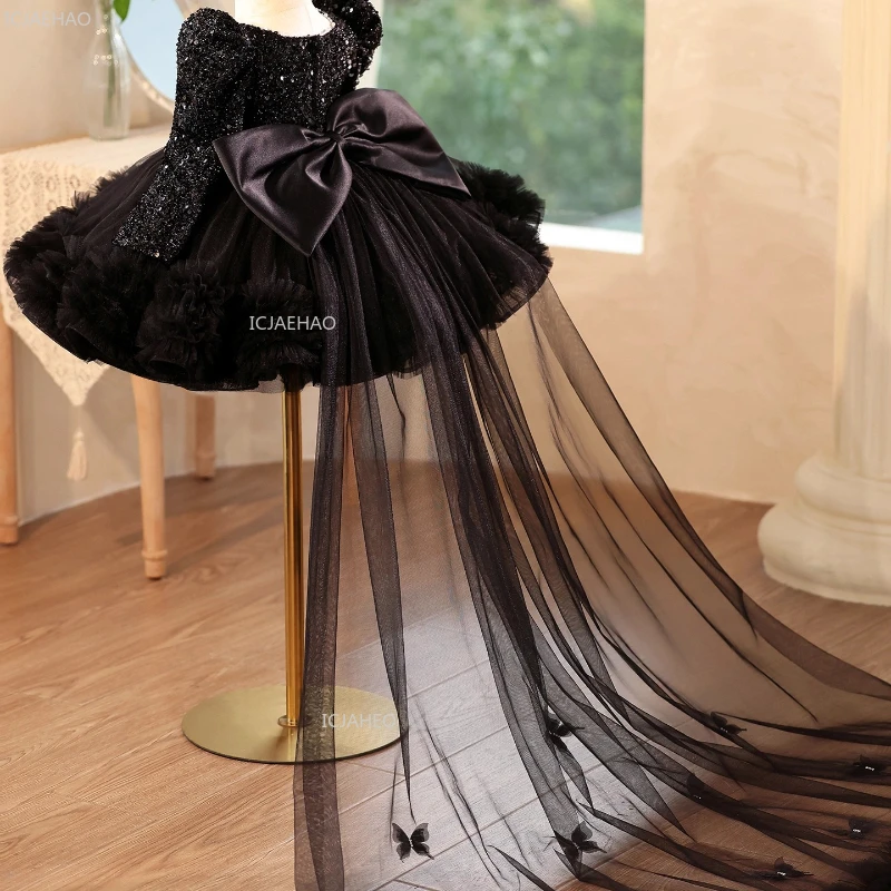 Children Girls Black Sequin Tulle Princess Ball Gown with Bow andFormal Evening Celebration Train Birthday Party Dress Kids