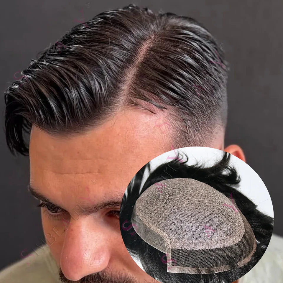 

Супер прочный шелковый кружевной топ черного цвета, мужской парик из 100% человеческих волос, естественная линия волос, волнистая/прямая мужская дышащая система, длительный срок службы