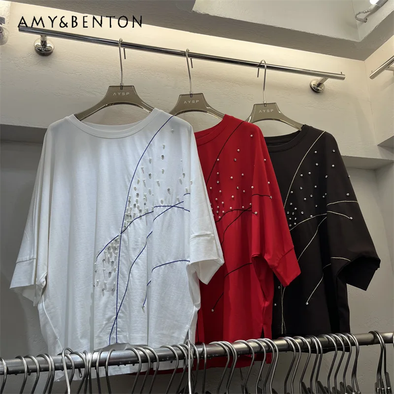 

2026 Spring Summer New Crew Neck Batwing Short Sleeve Design Top Tshirts Heavy Industry Loose Versatile Fashion Pullover T-shirt