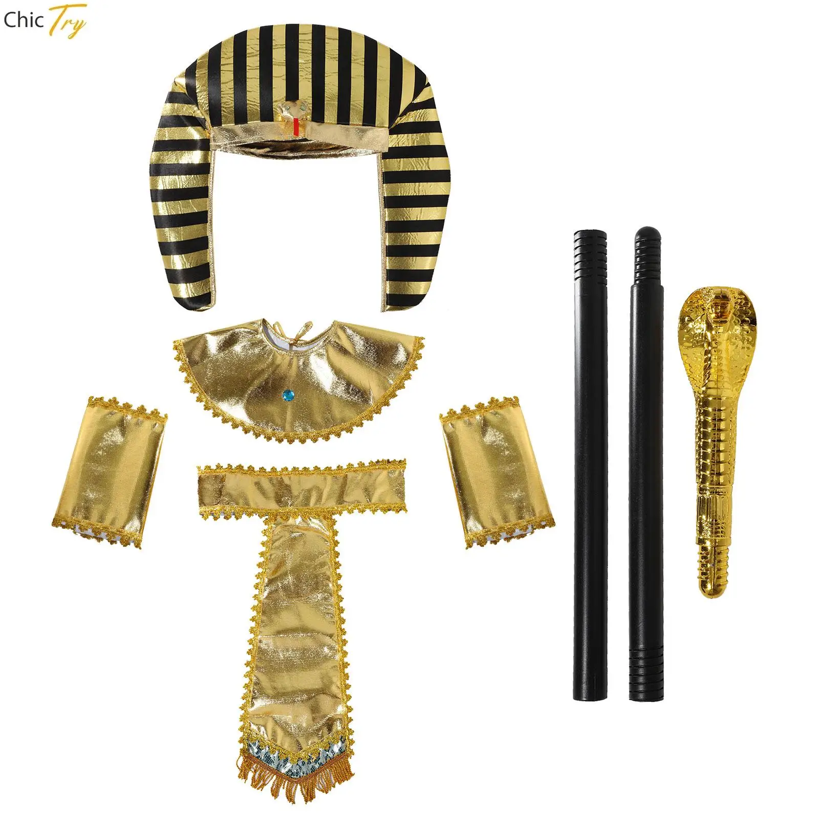 Halloween Pharaoh Egyptian King Costume Luxury Gold Decorations Snake Hat Collar Belt and Wristbands Cosplay Accessories Props