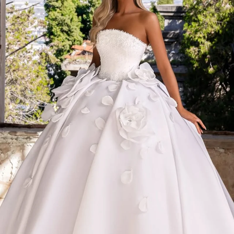 White Appliques Wedding Dresses off-shoulder A skirt crystal decal 3D flower Gowns Made multi-layer wedding dress Customized