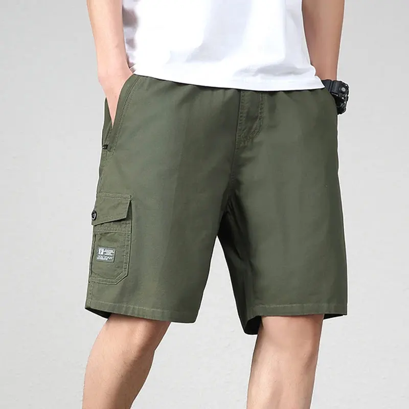 Casual Summer Shorts Safari Style Pockets Spliced 2024 Men's Clothing Mid Waist Elastic Solid Color Youthful Vitality Knee Pants