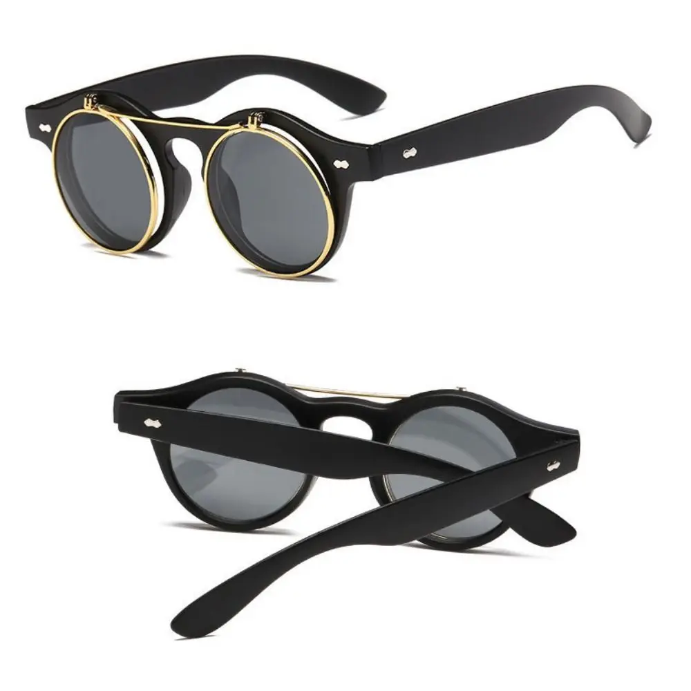 Round Frame Flip Cover Sunglasses Double Layer Sun-Protective Outdoor Sunglasses Punk Eyewear Black Shades Glasses