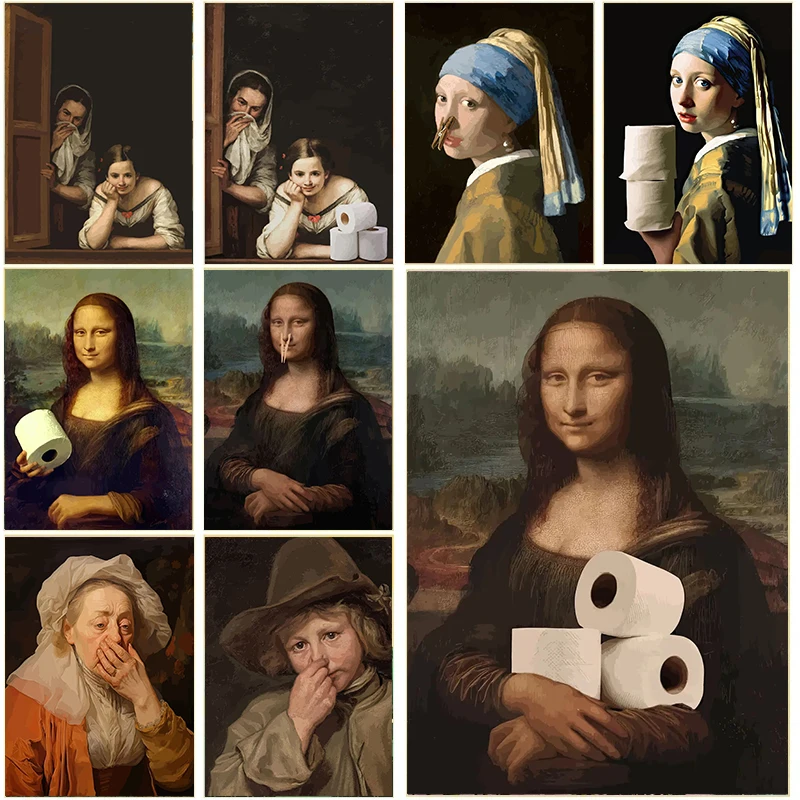 Zabawna dekoracja toalety w łazience Malarstwo Mona Lisa w perłach Dziewczyna z rolką papieru Wydruki na płótnie Plakaty Dekoracja ścienna do domu