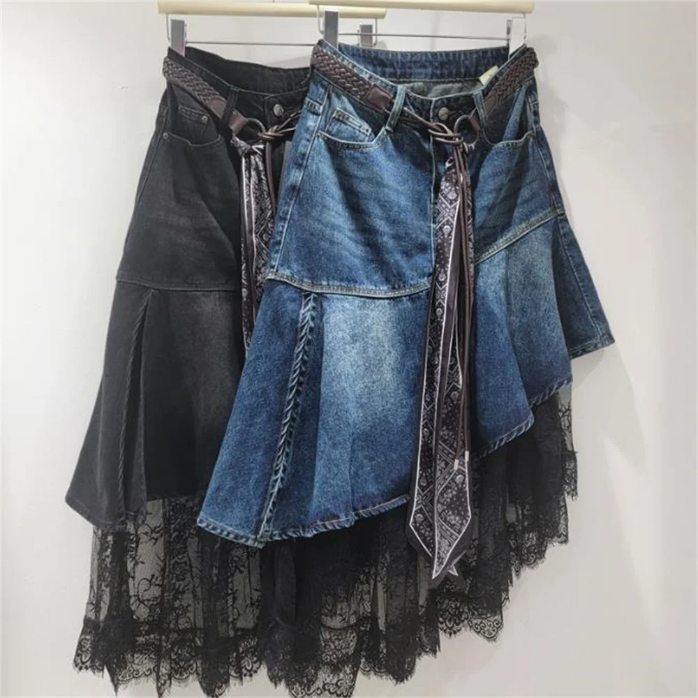 Autumn new lace patchwork scarf belt fishtail skirt irregular denim skirt women
