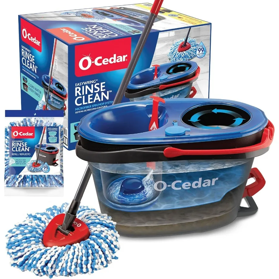 Sistema de cucharón y trapeador giratorio RinseClean O-Cedar + 1 cabezal de fregona adicional | Limpiar con agua limpia | Elimina el 99% de las bacterias