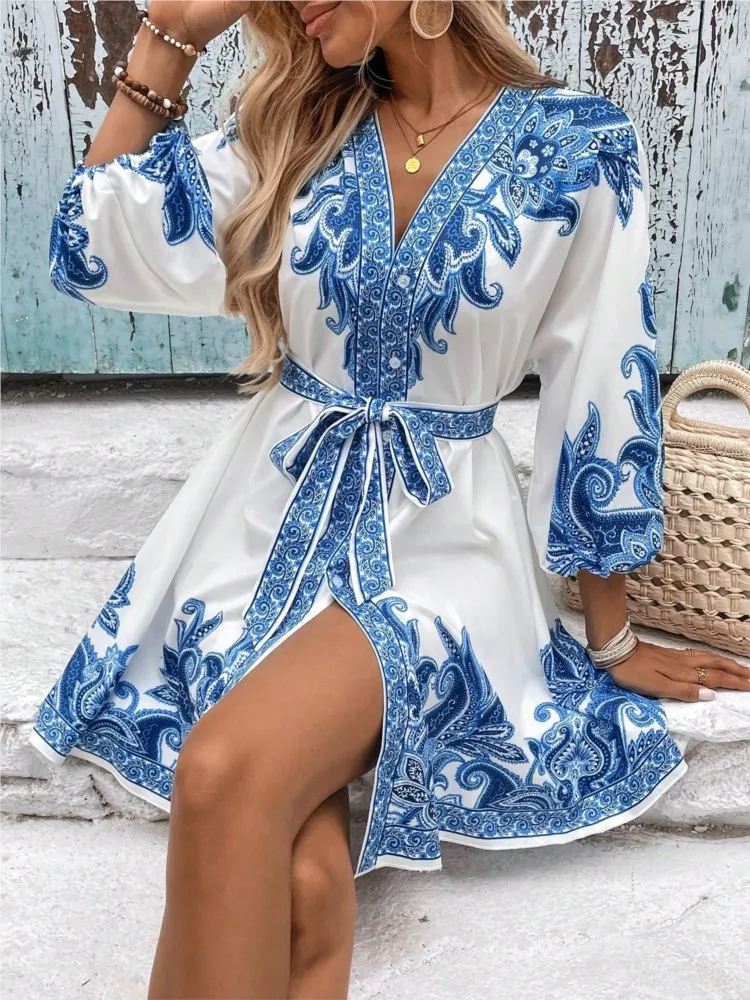 

Casual Print Loose Dress Lady Fashion Long Sleeve V Neck Pullover Lace Up Mini Dresses Women Boho Holiday Beach Skirts Clothes