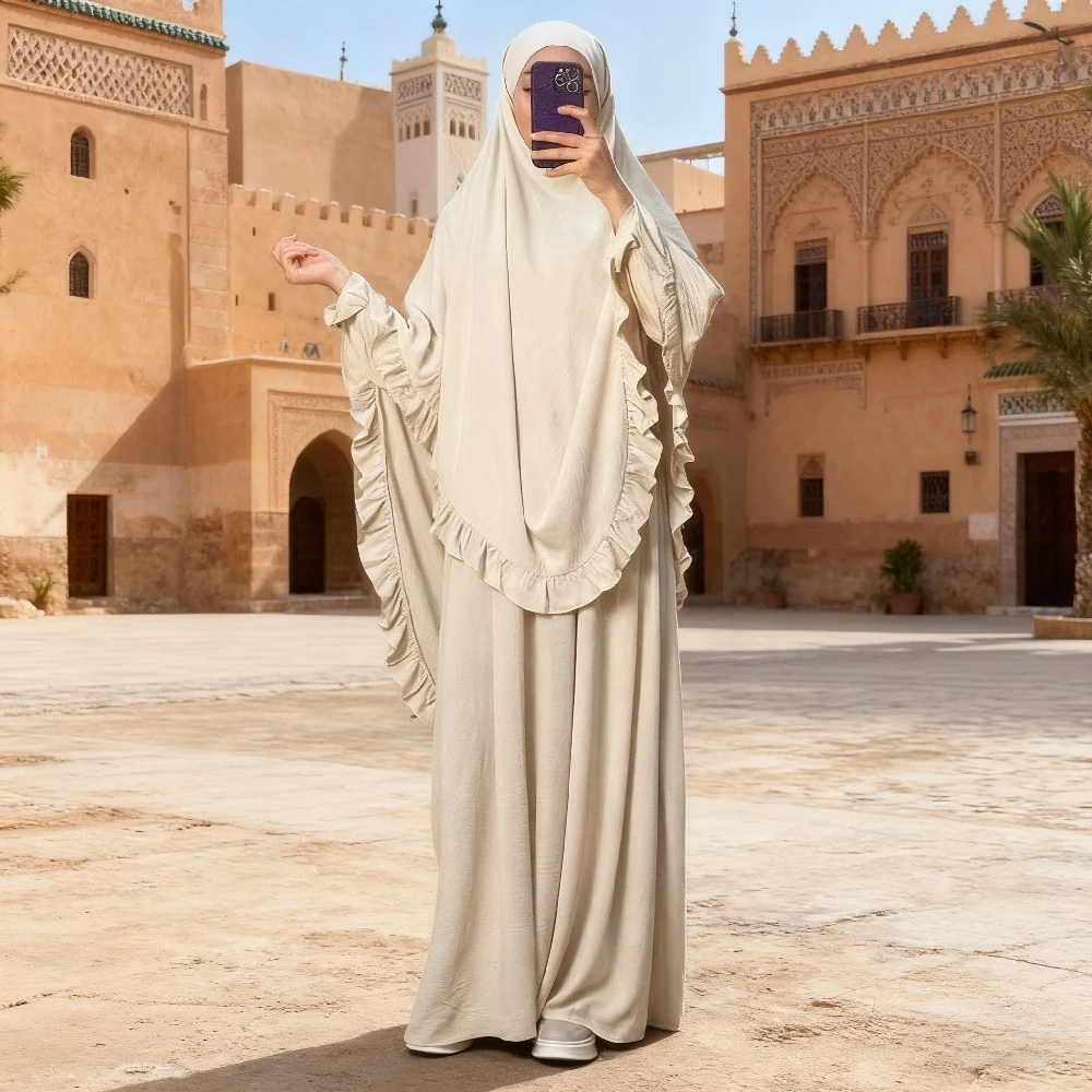 Eid Frauen Gebetskleidungsstück 2-teiliges Set Langes Khimar mit Kleid Muslimisches Abaya Set Ramadan Hijab Sets Niqab Jilbab Musulman Ensembles