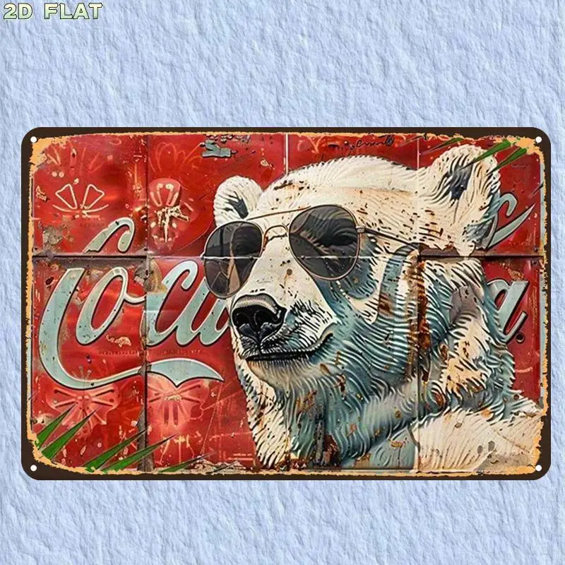 Vintage Nostalgic Style Polar Bear Fashion Glasses Art Sign, Metal Tin Sign, Pre-illed Holes, Suitable for Indoor, Garden
