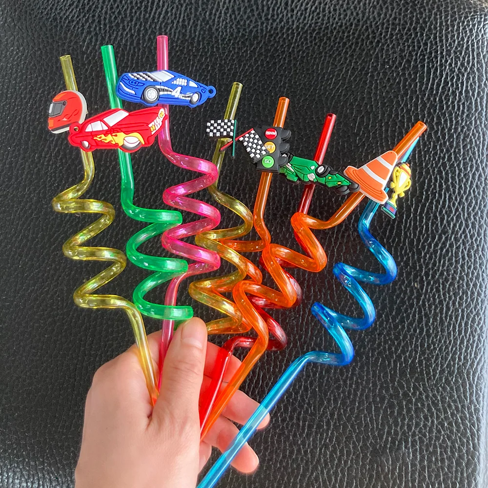 8Pcs Race Car Straws Drink Markers Reusable Crazy Straws Truck Supercar Party Favors Birthday Two Fast Party Supplies Decoration