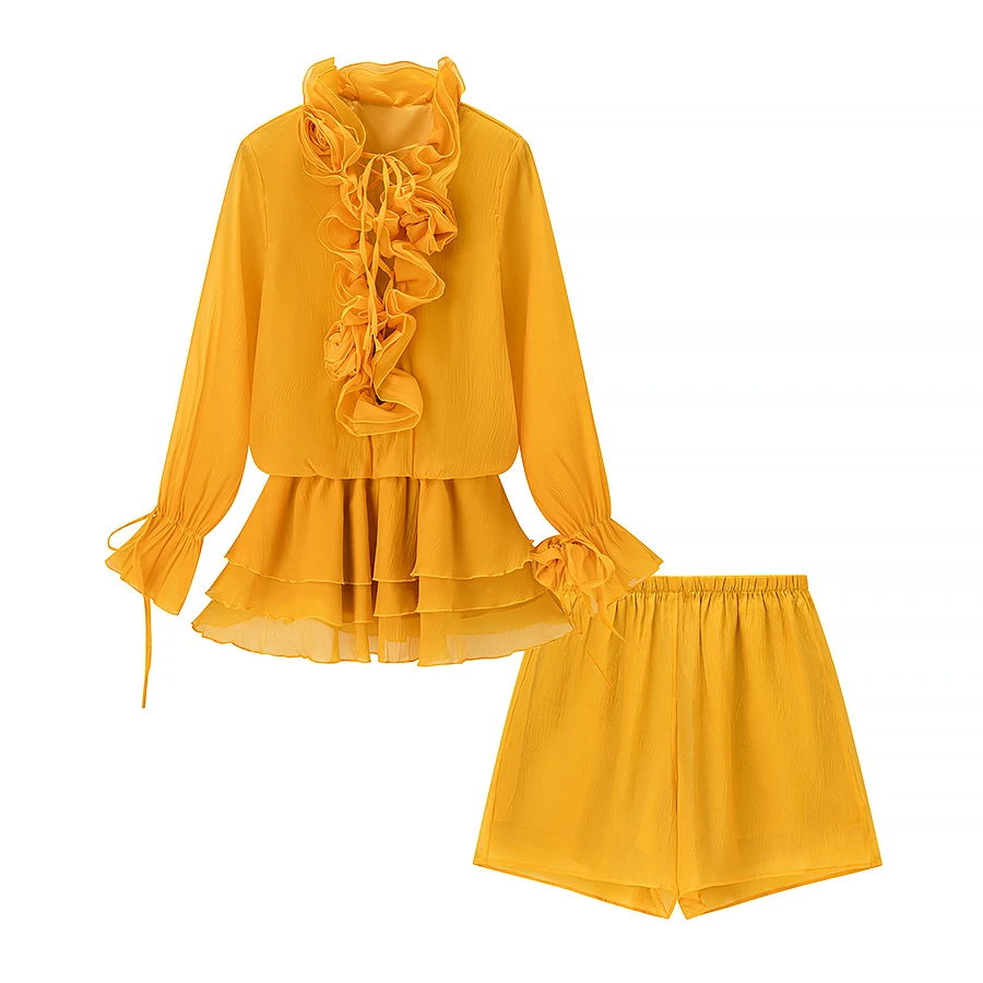 

Romantic Sle ort Sve Long Dr Set Women's Faion Autumn New Arrival Lantern Sve Collar Stand up Floral Decorated