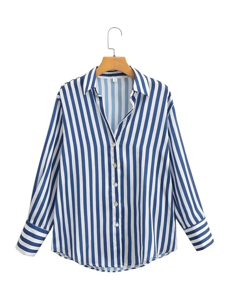 HH TRAF Vintage Women Stripe Long Sleeve Blouse V Neck Loose Office Lady Top Shirts Spring Fashion Button Up Satin Shirt Blouse