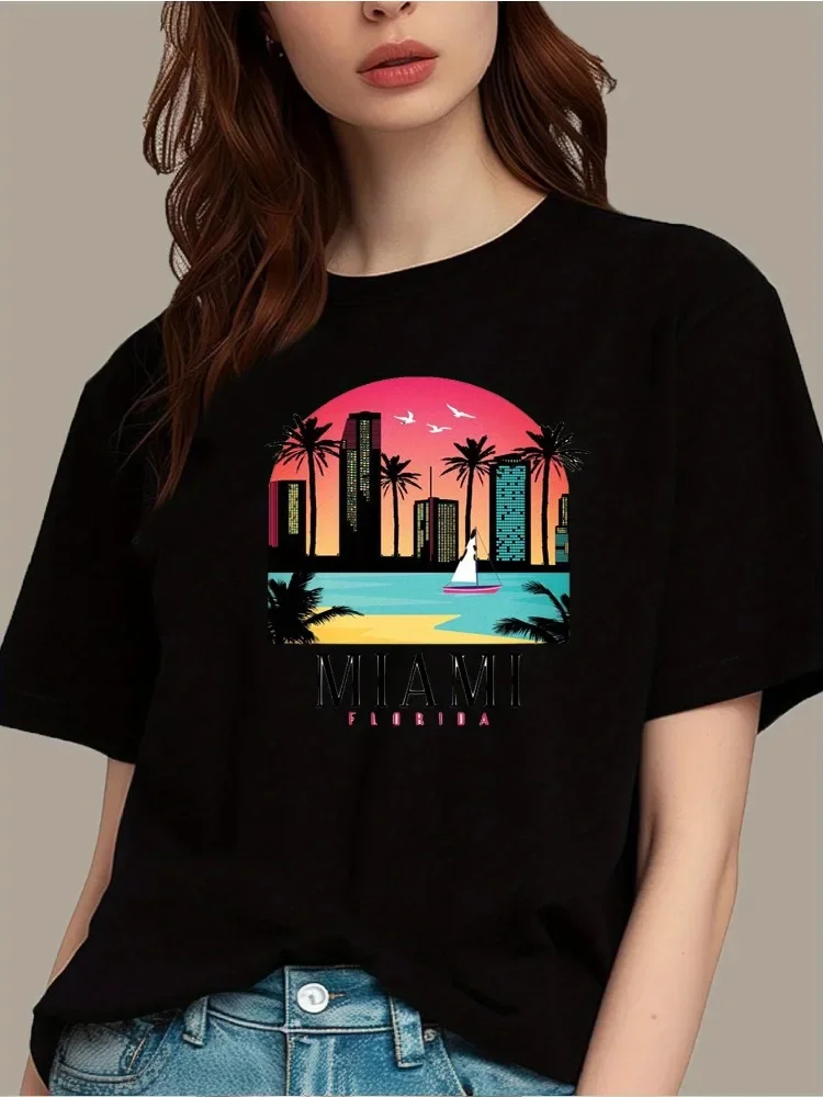 T-shirt manches courtes col rond femme, style Miami, imprimé à la mode, décontracté, Harajuku
