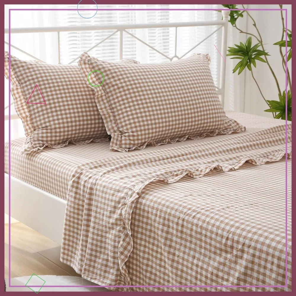 

Taupe White Plaid Ruffle Sheets King Size 4-Piece Set, 300TC Cotton Checker Bedding with Deep Pocket