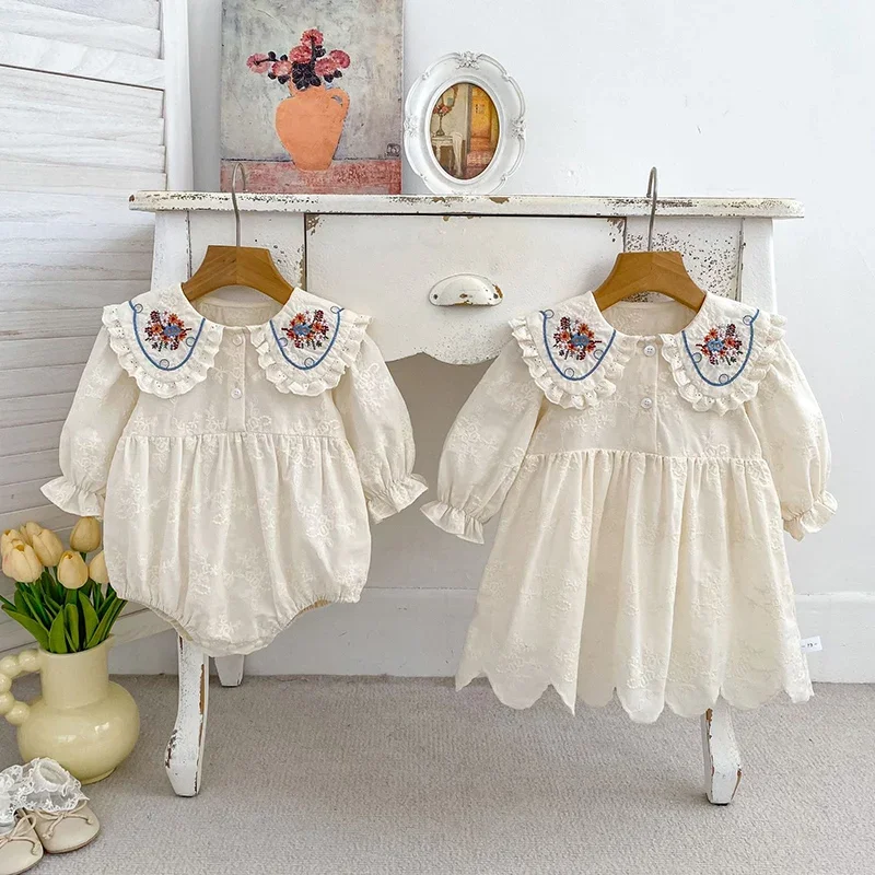 

2026 New Spring 2-6Yrs Girl Party Dress Long Sleeved Cotton Embroidery Kids Princess Dresses Baby Girl Romper Sister Clothes