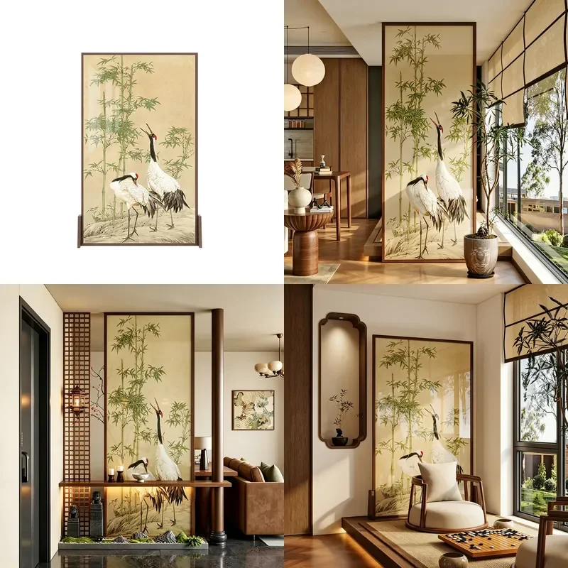 New Chinese Bamboo Crane Room Divider Solid Wood Entryway Partition with Glass Panel Living Room Privacy Screen Decor
