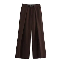 Women Summer Office Women High Waisted Blazer Pants With Belt Female Pleated Floor Length Pant Y2K Straight Trousers 4661/505