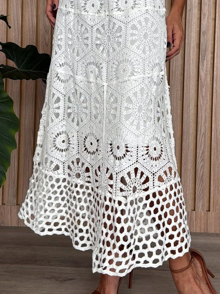

Casual Solid Color High Waist Party Skirts Summer New Women's Commute Maxi Skirts Fashion Lace Hollow Out Bohemian Long Skirts