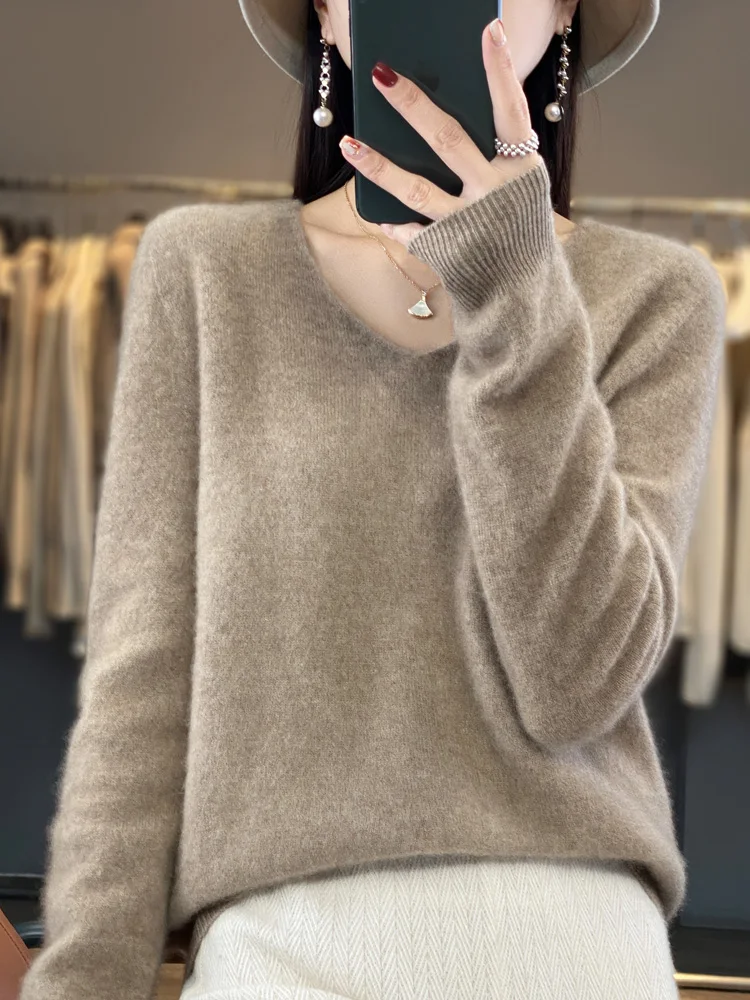 Jersey de lana merina con cuello en V para mujer, suéter de cachemira básico informal, Tops elegantes sólidos, ropa de moda, otoño e invierno, 100%