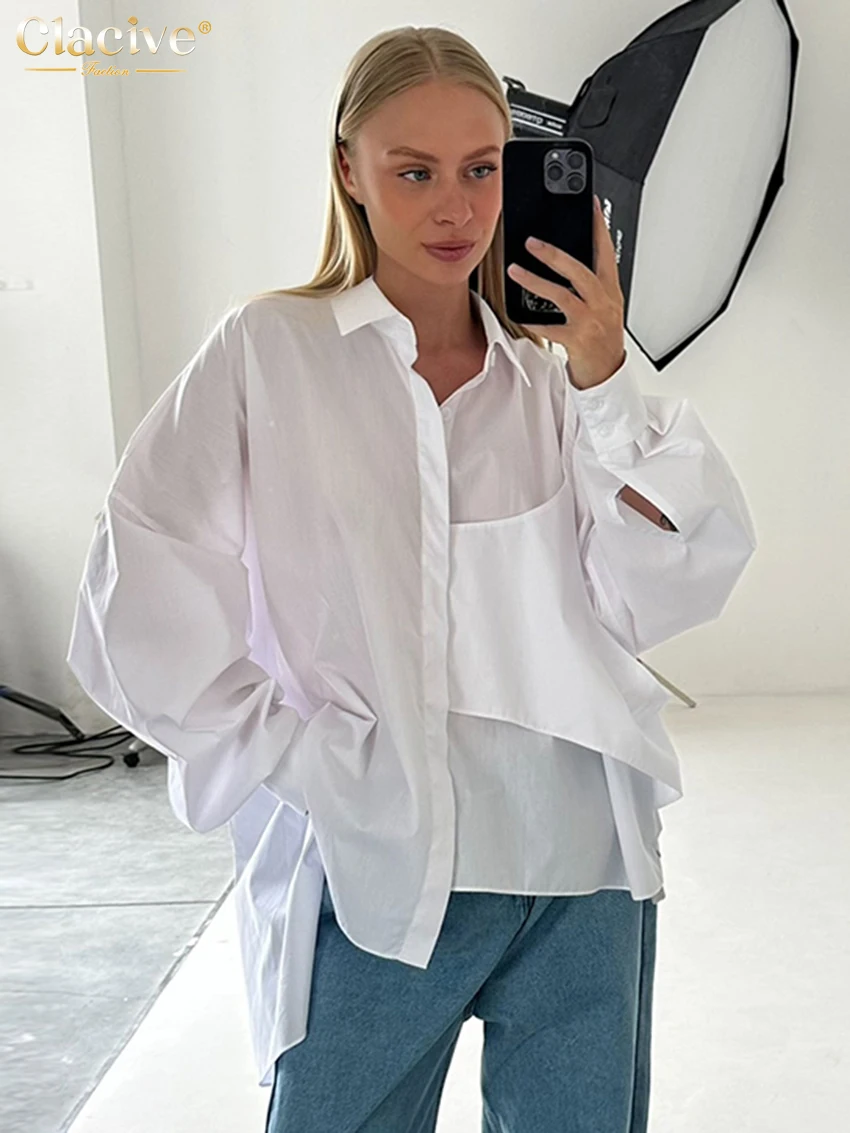 

Clacive Fashion Loose White Cotton Women Shirt 2026 Casual Lapel Long Sleeve Blouse Elegant Classic Solid Shirs Female Clothing