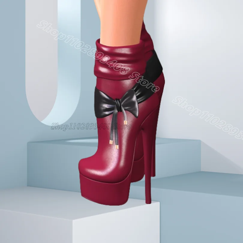 

Purple Bowknot Stiletto Ankle Boots Round Toe British Style for Women Party Dress Fashion Short Boots 2025 Zapatos Para Mujere