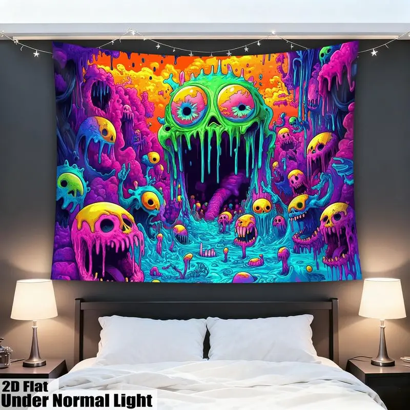 VIKAMA Blacklight Monster Skull Tapestry UV Glow Neon Trippy Horror Wall Hanging for Bedroom Dorm Party Haunted House Decor