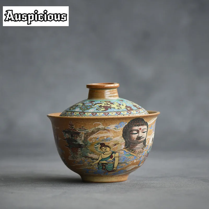 165ml Dunhuang Mural Cover Bowl Creative Buddha Ceramic Gaiwan Vintage Tea Tureen Tea Maker Cover Bowl Tea Services Ornaments