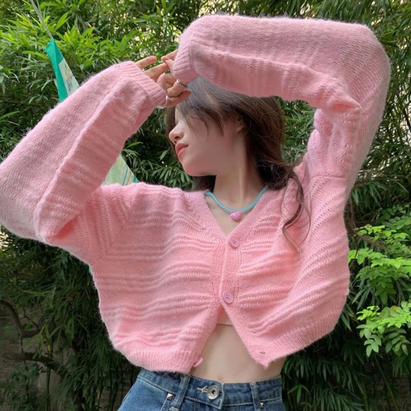 

Spring/Autumn Long Sleeved O-Neck Single-breasted Short Knitted Cardigan Top Women's Causal Knitwear Thin Sweater Cardigan