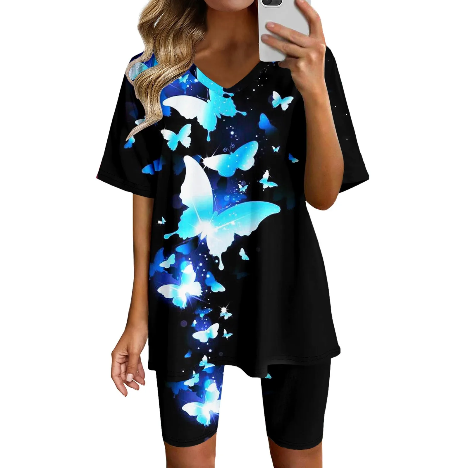 2 Piece Sets Ladies Outfits Boho Vintage Butterfly Print Short Sleeve V-Neck Short Sets Summer Outdoor Holiday Streetwear Female