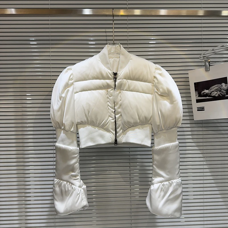 Chaqueta de plumón de algodón ajustada con cuello redondo para mujer, prendas de vestir informales cálidas, chaquetas de plumón de pato blanco con doble cremallera para invierno