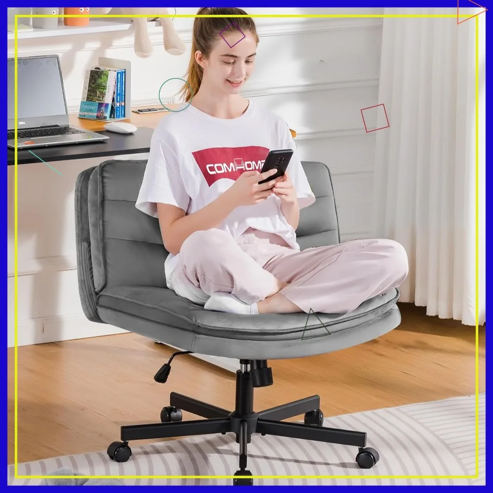 

Cross Legged Office Chair with Wheels, Wide Velvet Seat for Back Pain Relief, Modern Armless Desk Chair for Home & Office