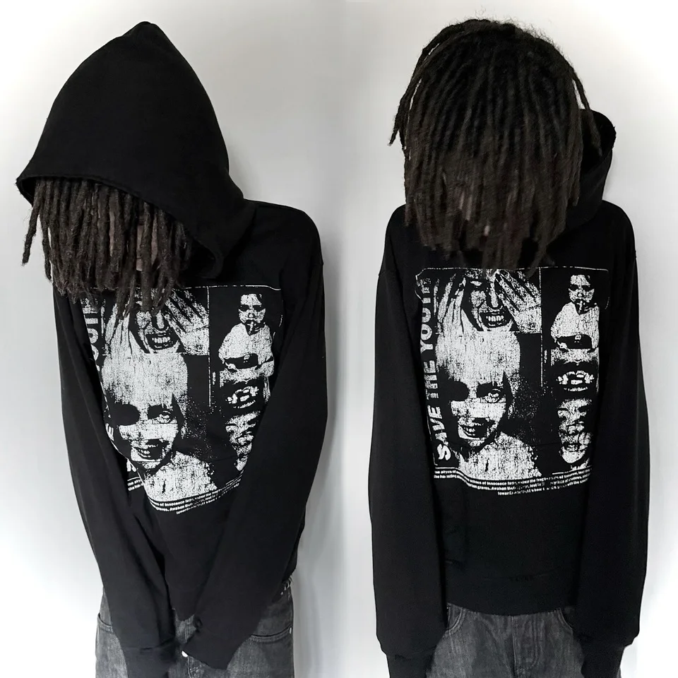Y2K Dark Portrait Collage Print Black Hoodie Punk Distressed Loose Sweatshirt