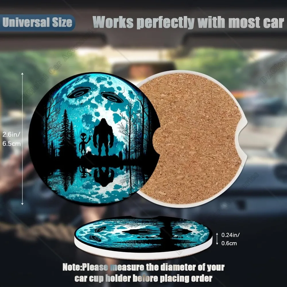 Car Cup Holder Coasters Bigfoot Alien Green Moon Absorbent Ceramic Coaster 2 Pack Anti Slip Car Coasters for Cup Holders