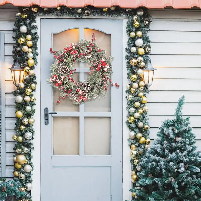 Christmas Front Door Wreath Snowy Pine Needle Artificial Holiday Wreath 40cm/15.7inch Artificial Red Berry Clusters Pine Needle