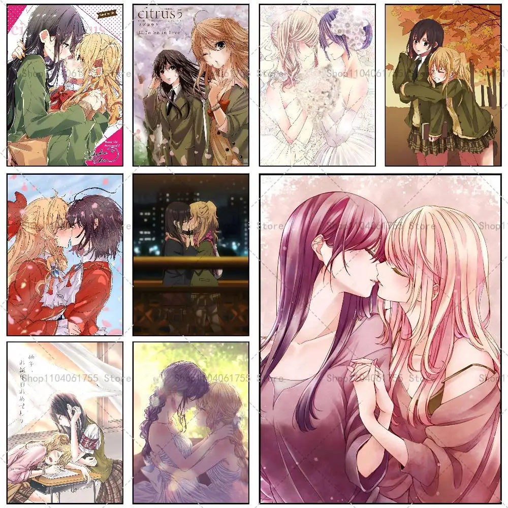 Image of Yuri Citrus Anime TV Girl Love Poster, selbstklebender Kunst-Aufkleber aus wasserfestem Papier, für Café, Bar, Zimmer, Wanddekoration