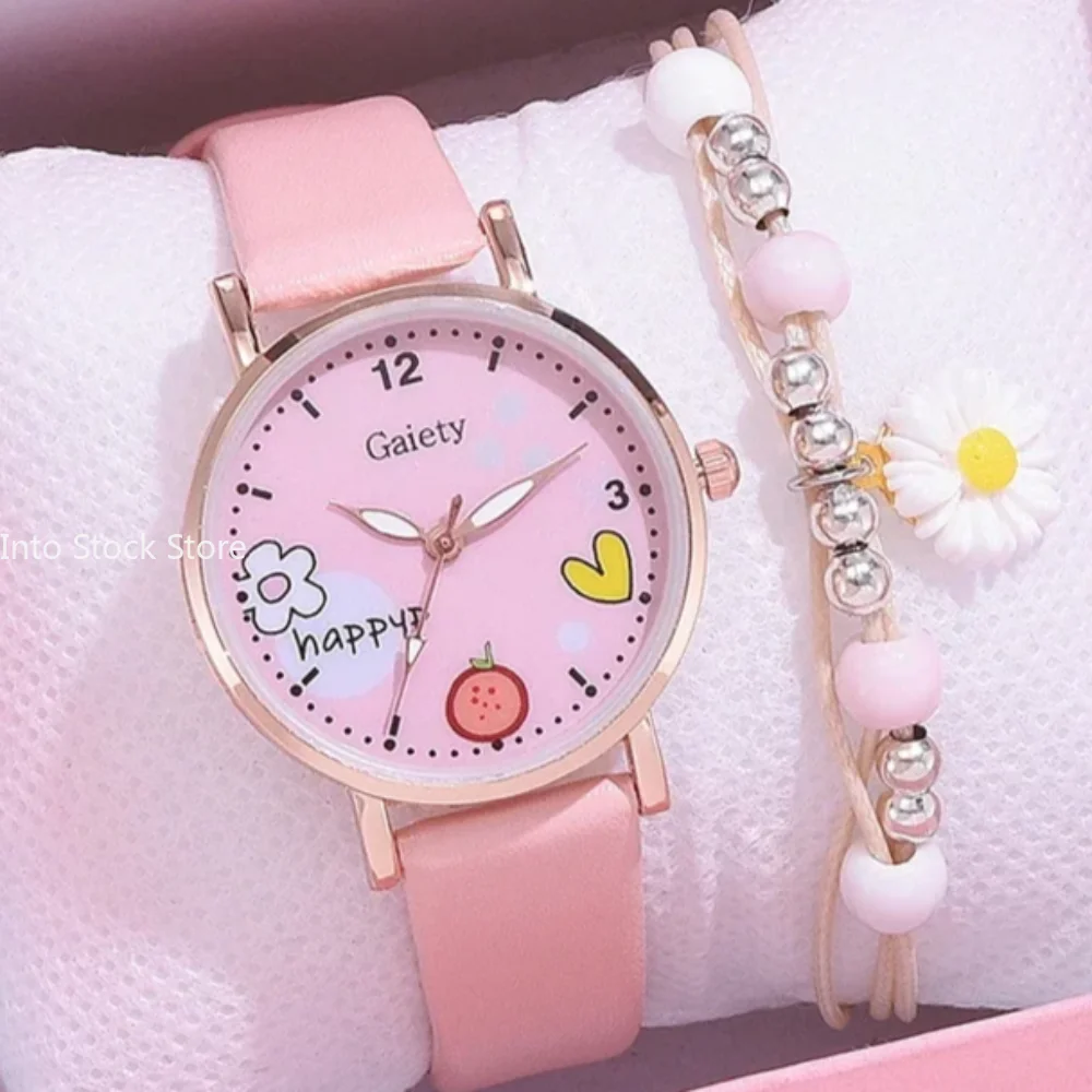 Kinderhorloges Roze Schattig Kinderpolshorloge Cartoon Patroon Quartz Horloge Set Voor Meisjes Mode Studenten Klok Logio Feminino