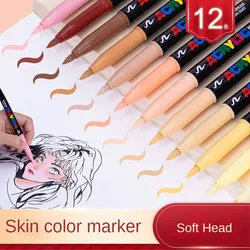 12 Colors Skin Tone Markers Pens,Nylon Soft Head Acrylic Markers,Waterproof Brush Pen Figure Painting School Art Supplies