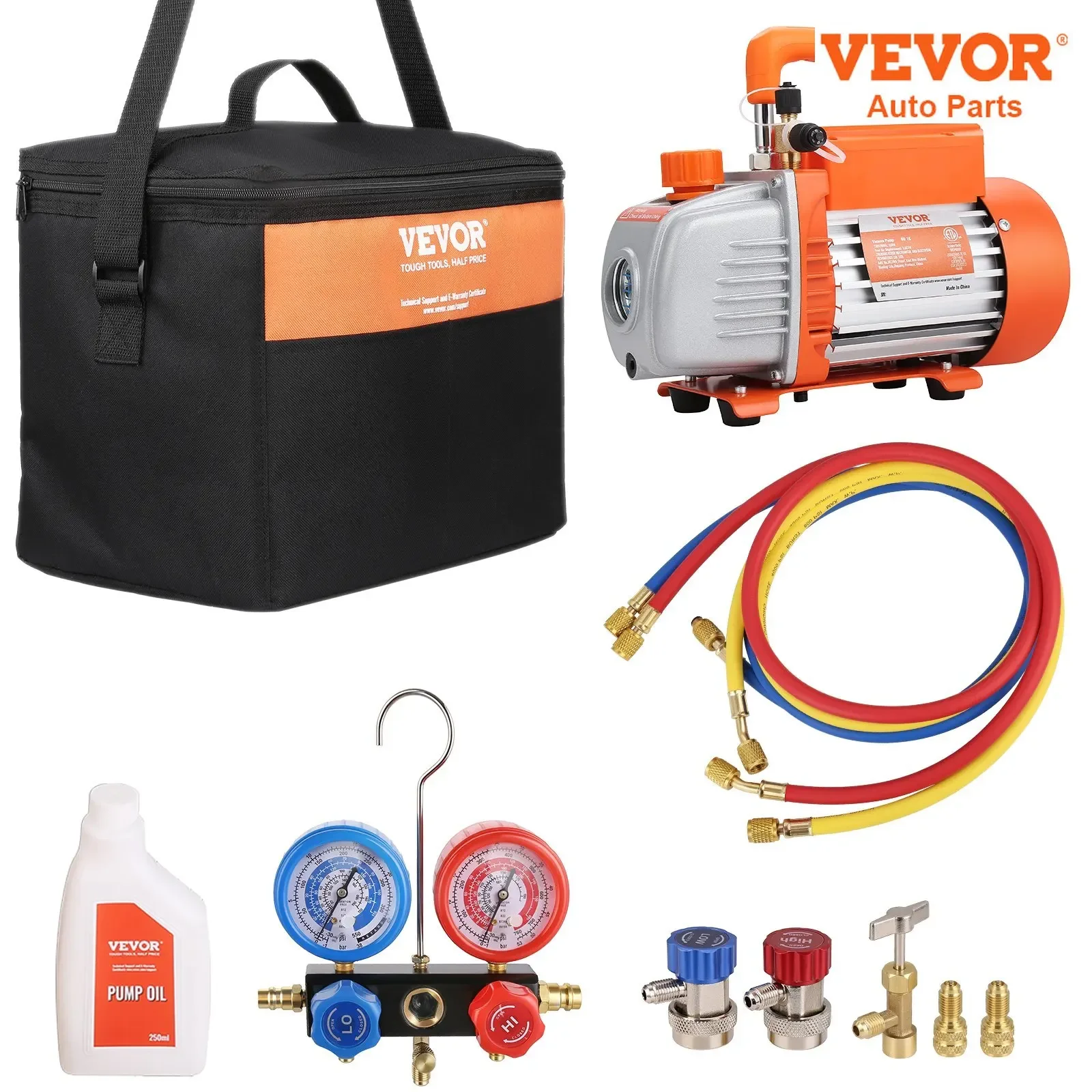 

VEVOR Vacuum Pump Air Conditioning Refrigerant Kit Manifold Gauge Set 3.5/4CFM Single Stage Rotary Vane HVAC Air AC