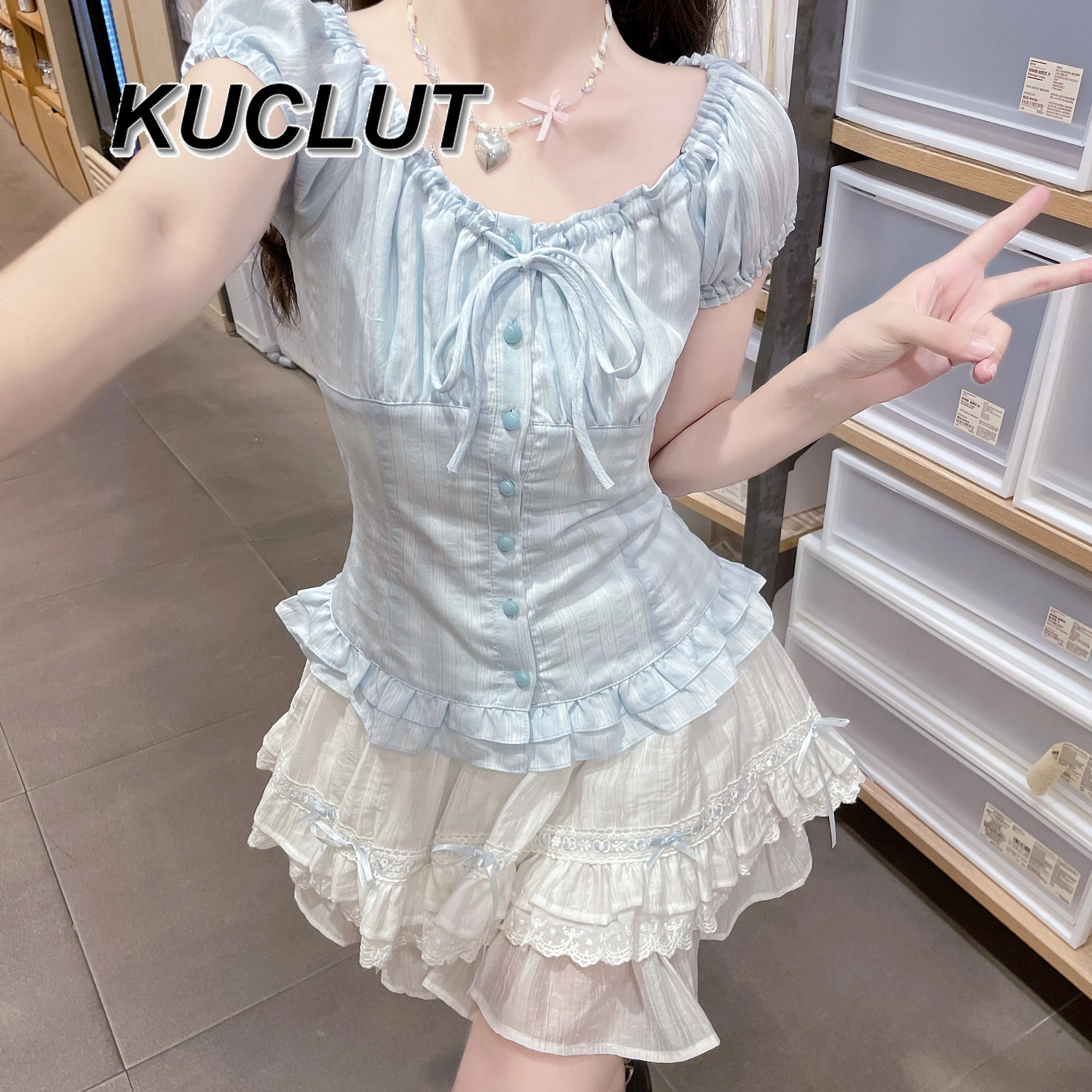 

2025 Summer New Sweet Casual Suit French Bubble Sleeve Shirt Women's Fungus Edge Skirt Set Fashion Women's Two-piece Set