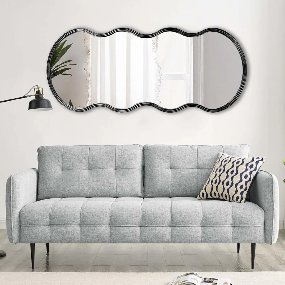 Black Full Length Mirror, Irregular Oval Wavy Mirror, Large Chic Dressing Floor Hanging Mirror for Bedroom, Living Room