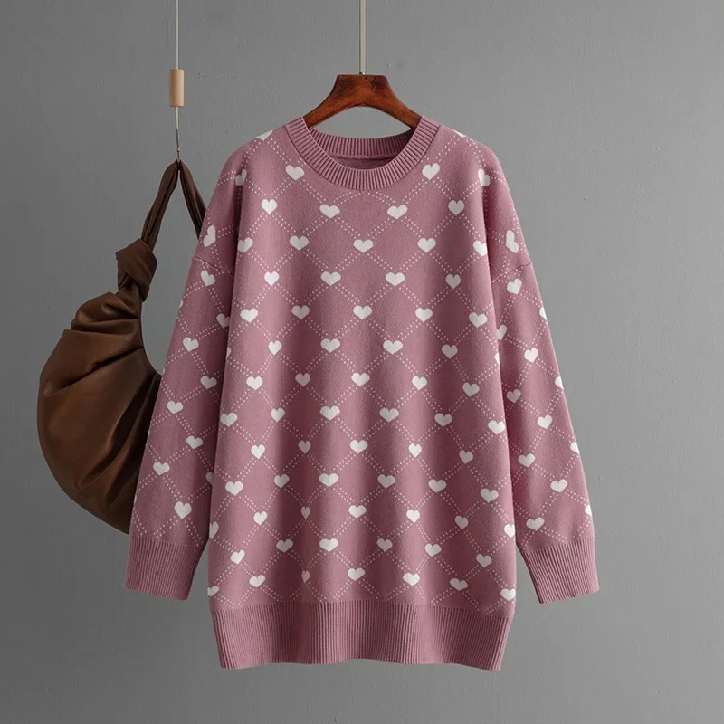 Autumn Winter Women\'s Pullovers Heart Print O-Neck Basic Vintage Casual Oversized Jumper Thick Warm Knitted Sweaters for Women