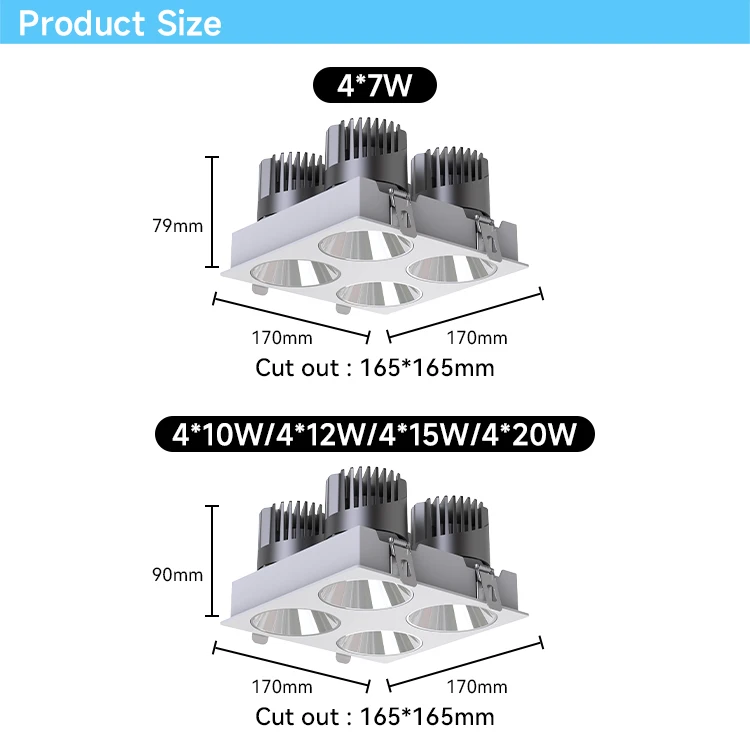 Faretti a LED da incasso a soffitto per soggiorno con faretto quadrato in alluminio combinato a quattro teste