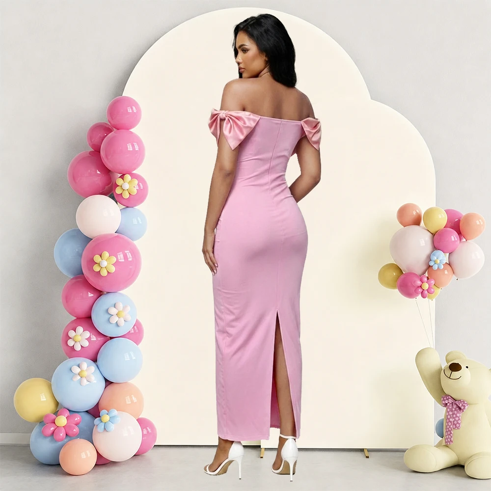 Maternity Women‘s Off Shoulder Bow Decor Long Dresses for Baby Shower Elegant Bodycon Wedding Party Gown for Photoshoot